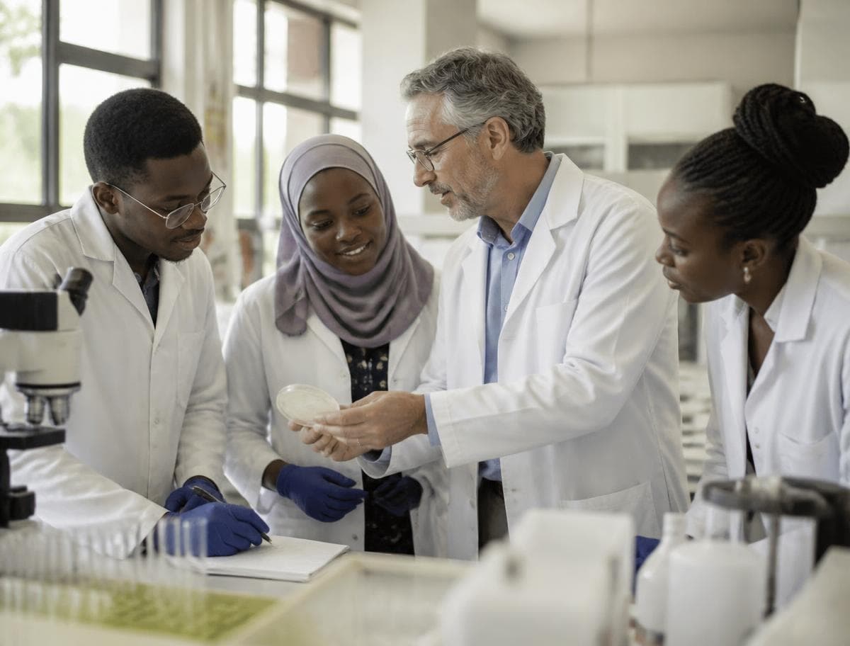 Postgraduate researchers working with a visiting professor in a university laboratory